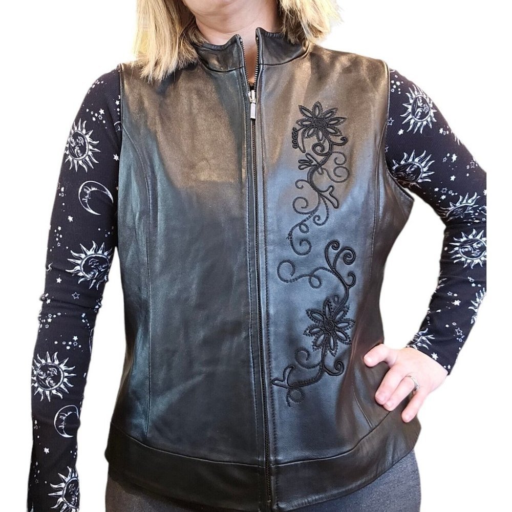 Y2k Black Leather Floral Embroidered Zipup Vest Large Biker Edgy Lined